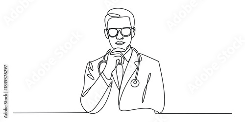 One line drawing of a doctor with stethoscope and glasses thinking