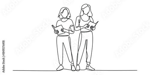 Two women standing and reading books continuous line art drawing