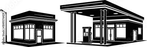 Black Gas Station and Convenience Store Vector Silhouettes, Fuel Pump Service Building Graphic for Transportation, Automobile Maintenance, Road Trip, and Retail Business Design.