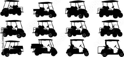 Black Golf Cart Vehicle Vector Silhouettes Collection, Electric and Gas Powered Golf Buggy Graphic Set for Course, Luxury Resort, Sports Transportation, and Country Club Design.