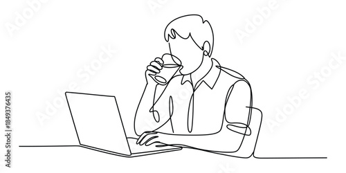 Man drinking while working on laptop, continuous line art drawing