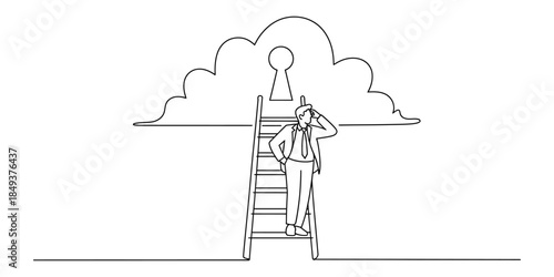 Businessman climbing ladder to cloud with keyhole, concept of success