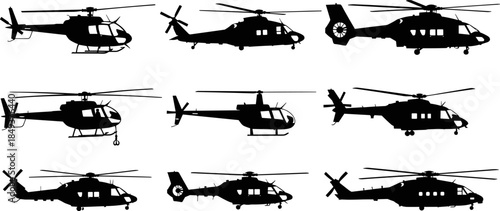 Black Helicopter Aircraft Vector Silhouettes Collection, Different Types of Military, Rescue, and Transport Choppers Graphic Set for Aviation, Flight, and Air Travel Design.