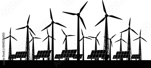 Black Hybrid Renewable Energy Vector Silhouette, Wind Turbine and Solar Panel Farm Graphic Set for Sustainable Green Power Production and Environmental Technology Design.