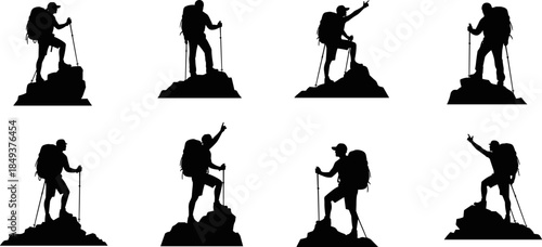 Black Hiker on Mountain Top Vector Silhouettes, Trekker with Backpack and Pole Graphic Set for Outdoor Adventure, Hiking, Exploration, and Travel Design.