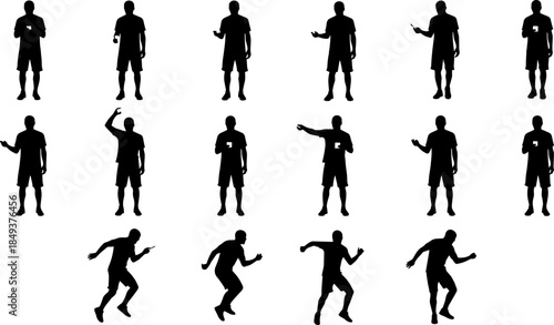 Black man silhouette collection standing and running set, male person gestures holding smartphone and gadgets icons, active athletic guy poses vector illustration isolated