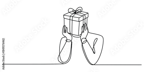 One line drawing of person holding a gift box covering face isolated