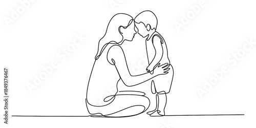 Mother and child one line drawing, continuous line art of love and care