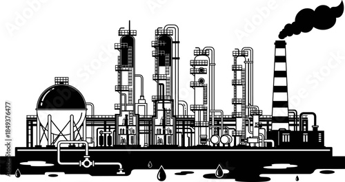 Black Oil Refinery and Chemical Plant Vector Silhouette, Industrial Processing Factory Graphic with Storage Tanks, Towers, and Smokestack for Energy and Petrochemical Design.