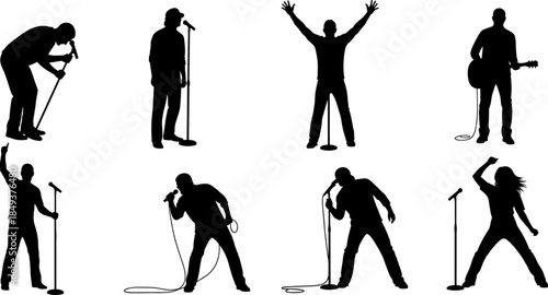 Black Musician and Singer Vector Silhouette Icons Set, Male and Female Performers on Stage with Microphone for Live Concert, Karaoke, and Entertainment Design.