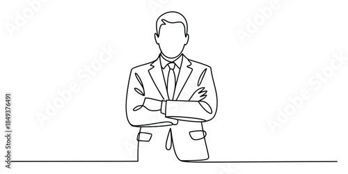 One line drawing of businessman standing with arms crossed