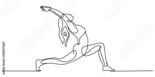 One line drawing of woman doing warrior i yoga pose white