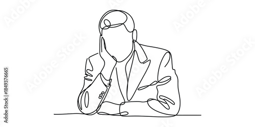 One line drawing of a thoughtful businessman resting his head on his hand