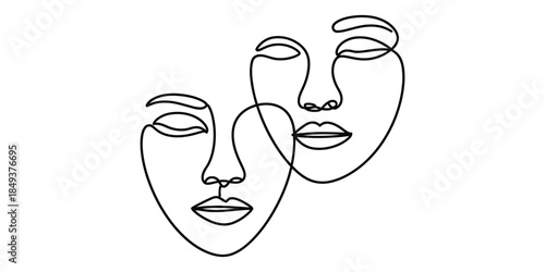 Two abstract faces continuous line art drawing minimalist style