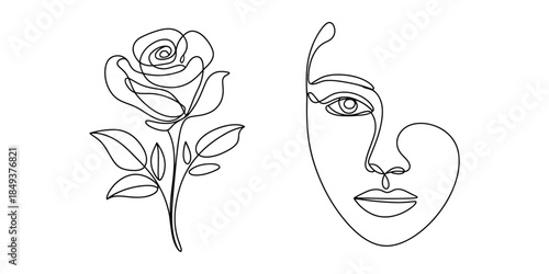 Minimalist one line art rose flower and woman face drawing
