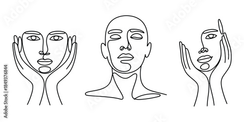 Abstract continuous line art faces with hands minimalist drawing set
