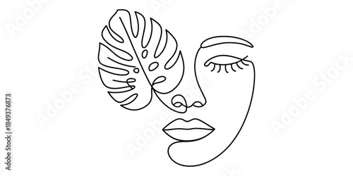 Minimalist line art woman face with monstera leaf