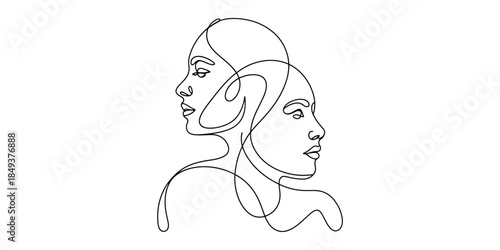 Minimalist continuous line art drawing of two facing female profiles