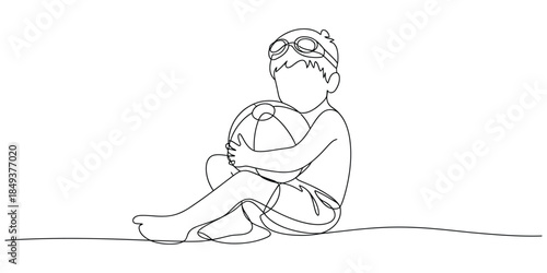 One line drawing of a child in swim goggles holding a beach ball