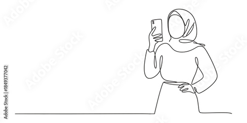 Woman in hijab taking selfie with smartphone, continuous line art drawing