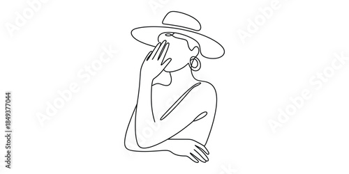 Minimalist one line drawing of woman in sun hat covering face