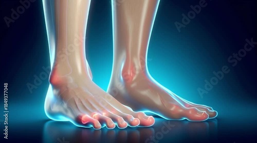 4K medical illustration showing ankle joint pain with red highlighted inflammation area for orthopedic and healthcare concept