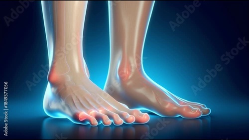 4K medical illustration showing ankle joint pain with red highlighted inflammation area for orthopedic and healthcare concept