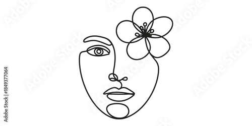 Minimalist continuous line drawing of a womans face with a flower
