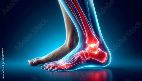 Medical illustration of ankle joint pain with glowing red inflammation area highlighting injury and orthopedic issues