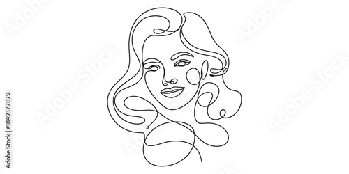 Minimalist continuous line drawing of a smiling womans face with wavy hair