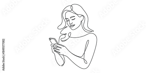 Woman looking at smartphone in continuous line drawing style