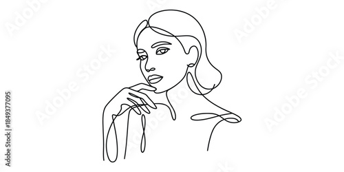 Minimalist continuous line art drawing of a thoughtful womans face and hand