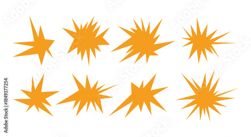 Set of Eight Orange Explosion Starburst Comic Book Speech Bubble Vector Shapes Collection Isolated on White