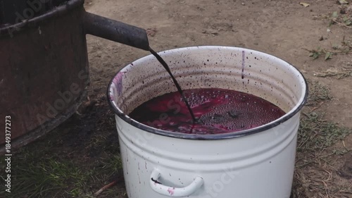 Appetizing freshly squeezed burgundy grape juice flows from the wine press into a pot in the courtyard.