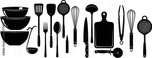 Black silhouette vector collection of various kitchen accessories and cooking tools including bowls, knives, whisks, spoons, tongs, and cutting board for home culinary equipment.