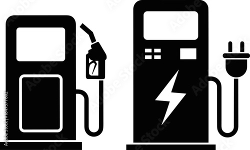 Black silhouette vector charging station set comparing traditional gasoline fuel pump and modern electric vehicle charger, depicting energy, transport, sustainability, and future technology.