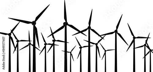 Black silhouette vector illustration depicting a large group of wind turbines in various sizes, showcasing a wind farm, clean energy production, sustainable technology, ecology, 