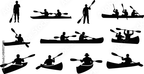 Black silhouette vector illustration collection of people kayaking and canoeing, depicting water sport, adventure, travel, outdoor recreation, and summer vacation activities, 