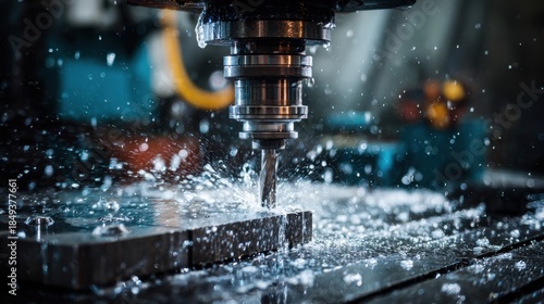 Close-up of a CNC drilling machine operating on metal with splashing coolant, showing precision engineering and manufacturing process