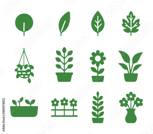Botanical Silhouette: A captivating array of plant and floral silhouettes in a uniform green, presenting various shapes, ideal for diverse design applications.