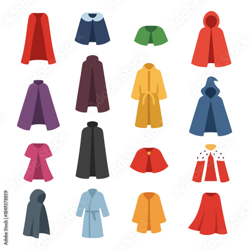 Variety of Cloaks: A collection of stylish cloaks in diverse colors and designs, perfect for adding a touch of elegance or mystery to any look. Featuring different styles and hues
