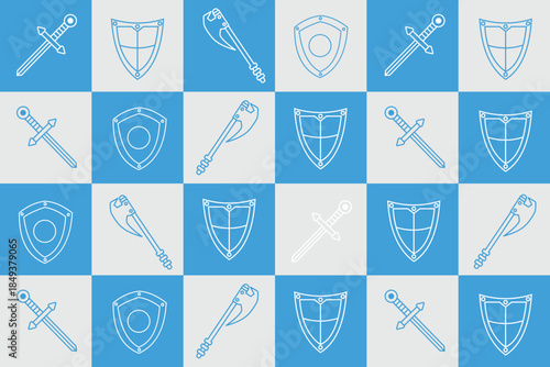 A cartoon style pattern showcasing war equipment icons, ideal for games, military themes, and strategic designs
