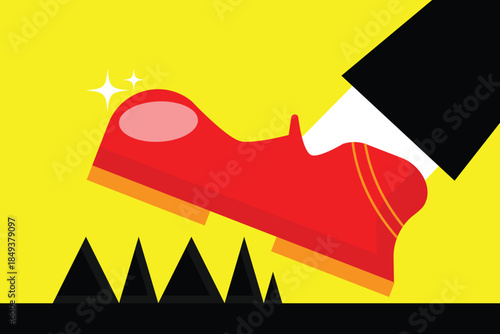 A starkling illustration showing a foot about to step on sharp thorns, symbolizing  danger, caution, risk , or painful consequences