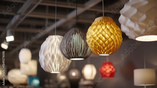 Golden, White, and Black Textured Pendant Lamps Glowing in a Showroom Display.