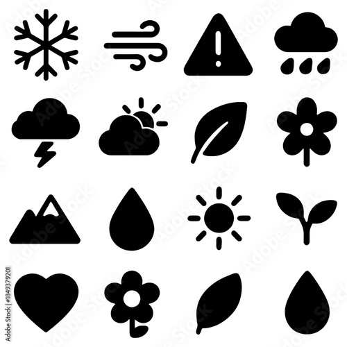 Weather and Nature Icons: A collection of various weather and nature icons that capture the essence of elements such as snowflakes, wind, warning, rain, cloud, sun, and other elements. 