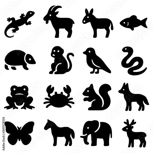 Animal Icons Collection: A diverse compilation of animal icons, neatly arranged to represent various species, each meticulously crafted in a sleek silhouette style.
