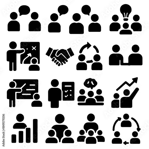 Teamwork and Collaboration Icon Set: A comprehensive collection of iconic illustrations symbolizes team dynamics, collaboration, problem-solving, and professional interactions.