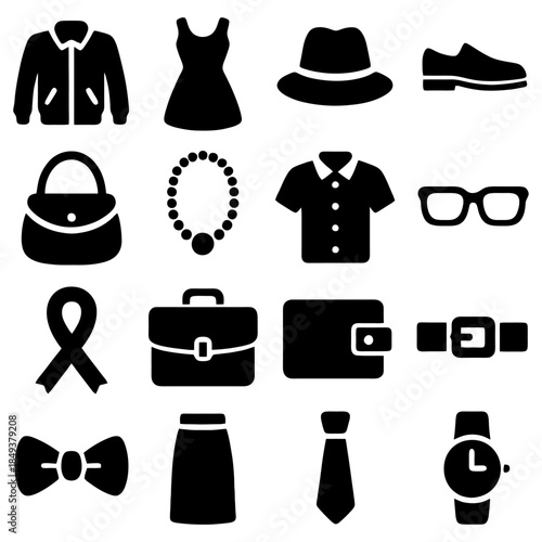 Essential Style Icons: A collection of meticulously crafted, bold silhouettes representing timeless garments and accessories for a refined aesthetic. 