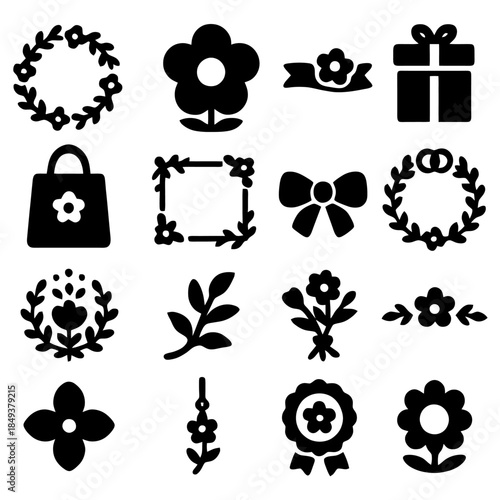 Floral Collection: Diverse assortment of black floral elements, perfect for design or decoration.