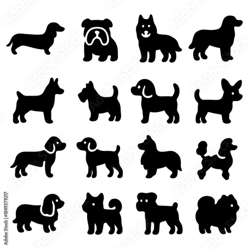 Silhouette Dogs: A collection of various dog breeds represented in sleek, unified black silhouettes, offering a versatile resource for design and illustration. 